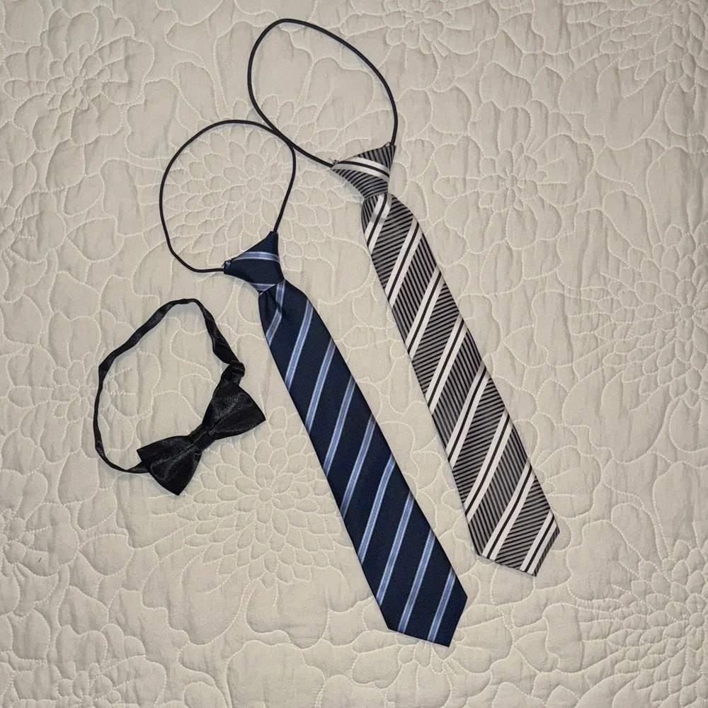 Boys' Striped Clip-On Neckties and Bow Tie Set - Navy & Silver